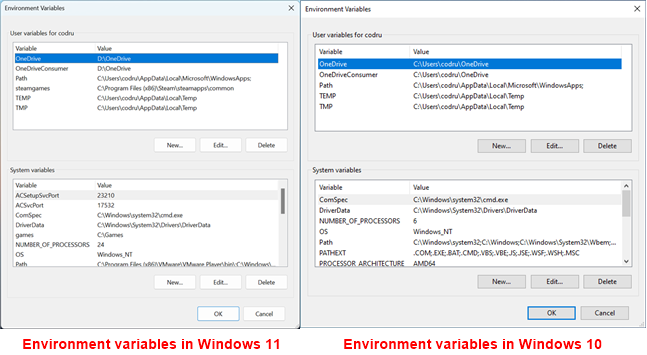 Environment Variables in Windows 11 vs Windows 10