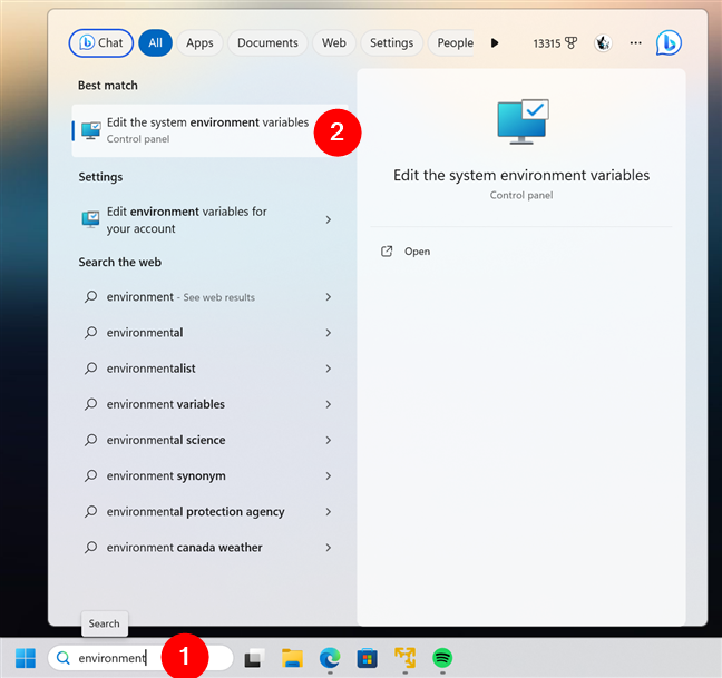 Using search to open the environment variables in Windows 11