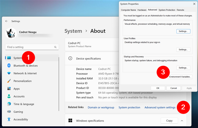 Using Settings to find the environment variables in Windows 11