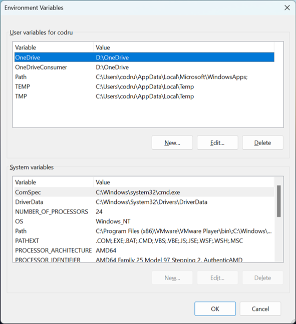 Environment Variables window in Windows 11