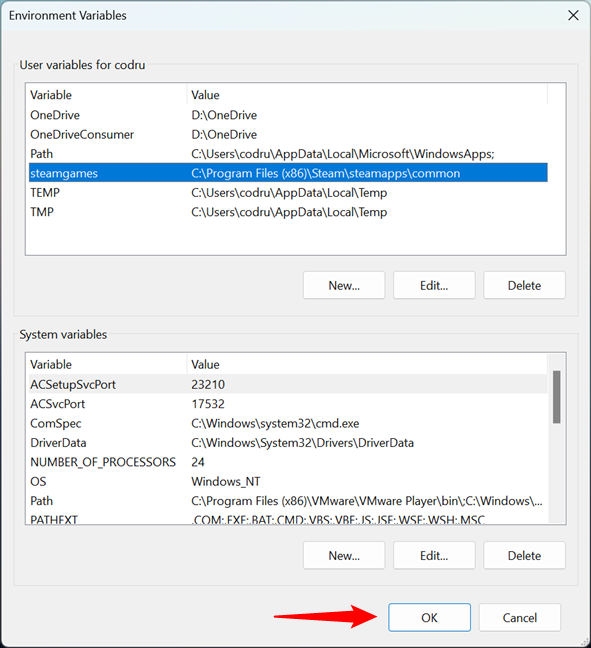 Saving the new user variable in Windows