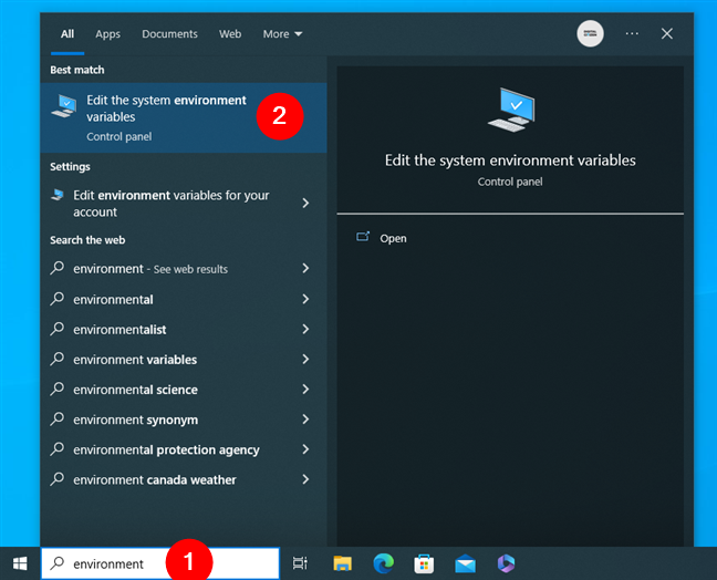 Using search to open the environment variables in Windows 10