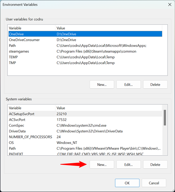 Starting the process of creating a new Windows system variable