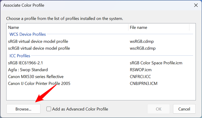 Browsing to find the ICM file that stores the color profile