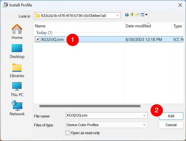 Selecting and adding a new color profile for a monitor