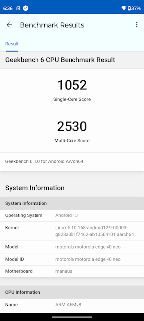 Motorola Edge 40 Neo - Geekbench 6 scores