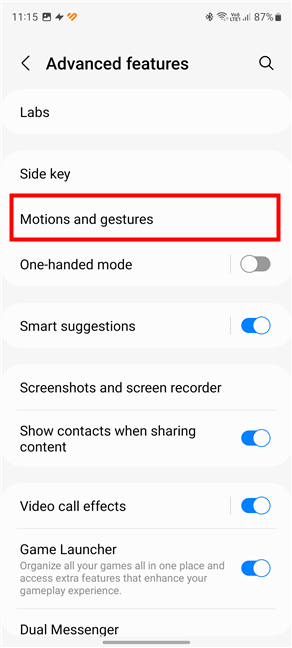Tap on Motions and gestures