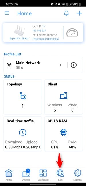 In the ExpertWiFi app, tap SDN