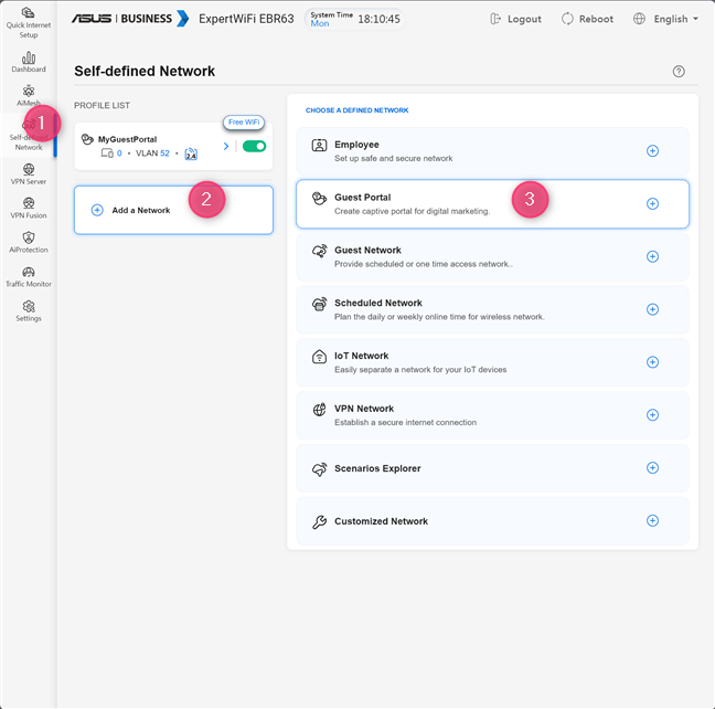 Go to Self-defined Network > Add a Network > Guest Portal