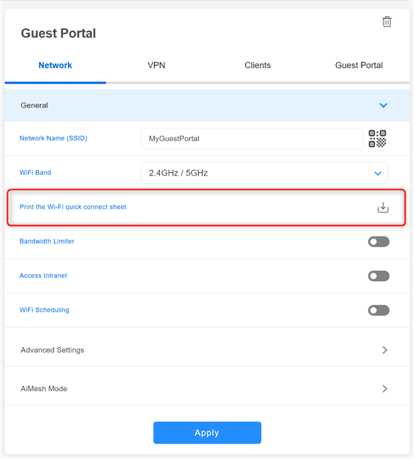 Print the Wi-Fi quick connect sheet