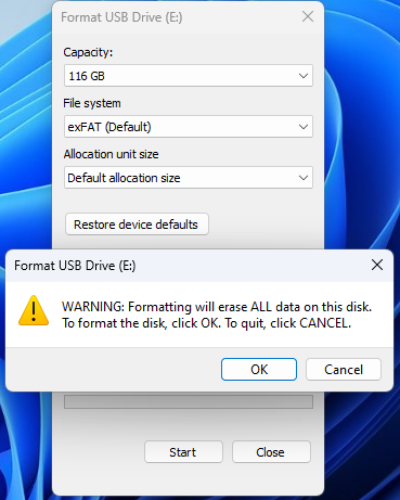 Formatting will erase ALL data on this disk