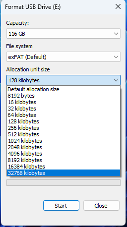 Choose the Allocation unite size