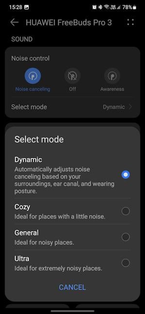 Choose between four noise cancellation modes