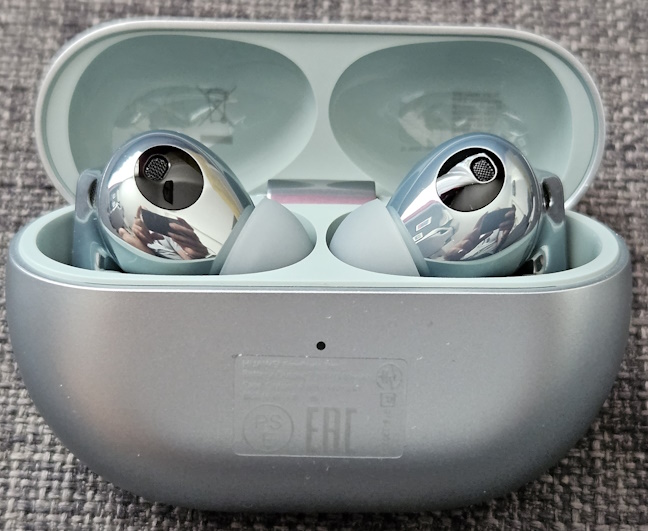 The earbuds are nicely tucked inside the case