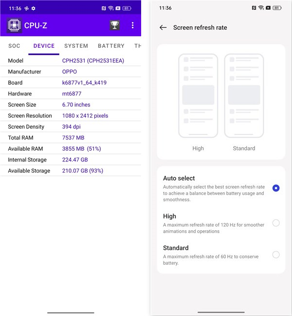 Details about the hardware and screen refresh rate (120 Hz)