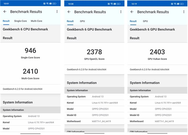 Benchmark results in Geekbench 6