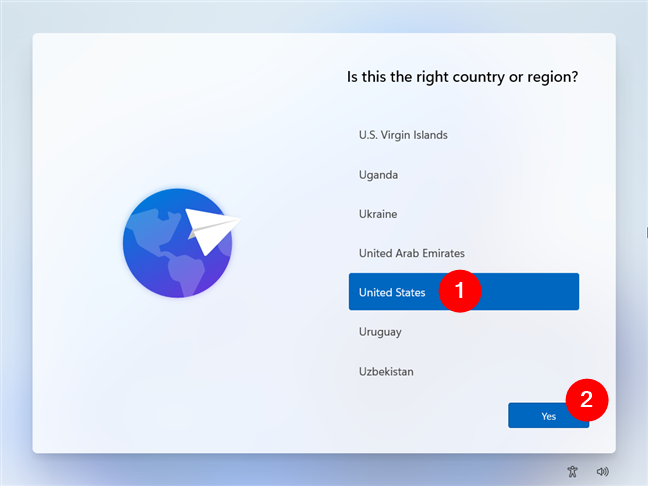 Choosing the country or region during the Windows 11 installation