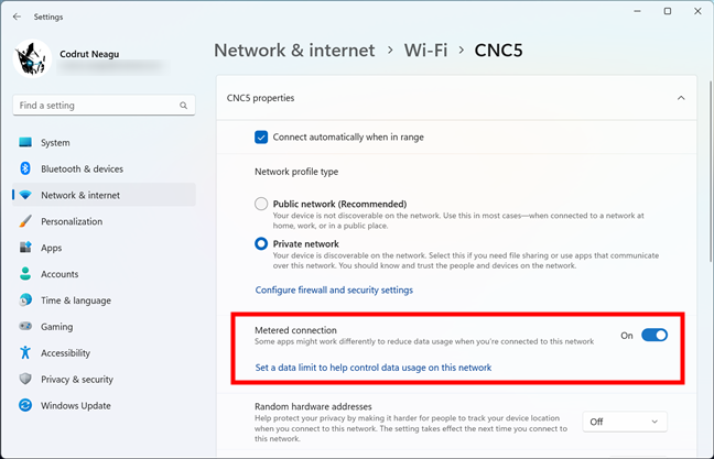 Turn on the Metered connection switch in Windows 11
