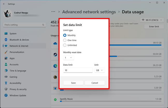 Set data limit for the metered connection