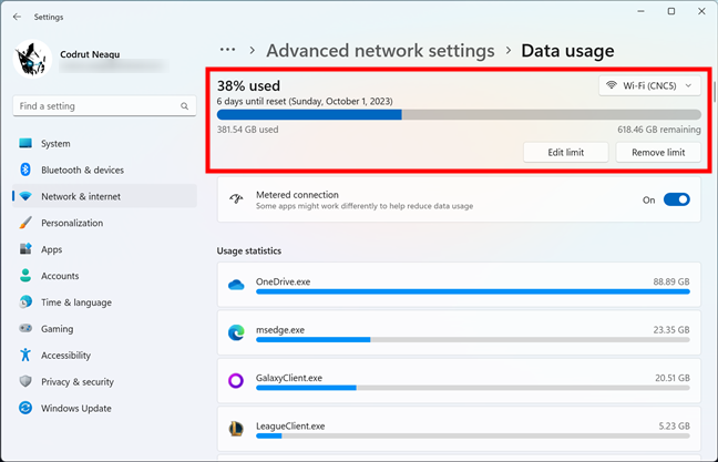 Data usage for a metered connection