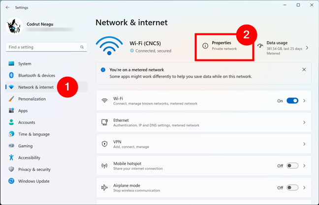 Open the Properties of a metered connection in Windows 11