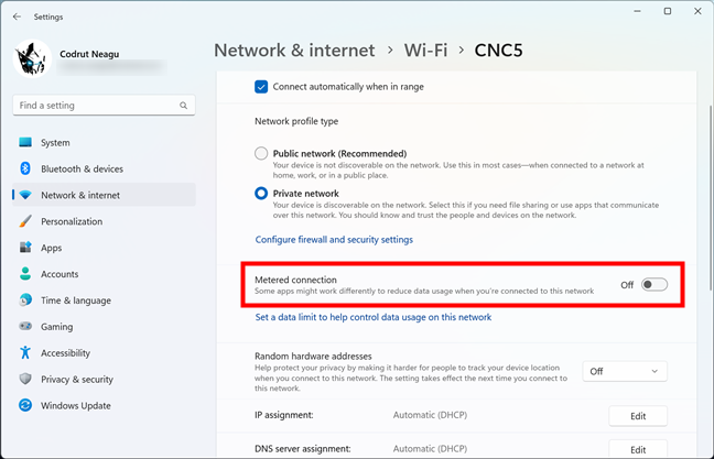 How to turn off a metered connection in Windows 11