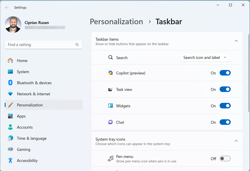 The personalization settings for your taskbar