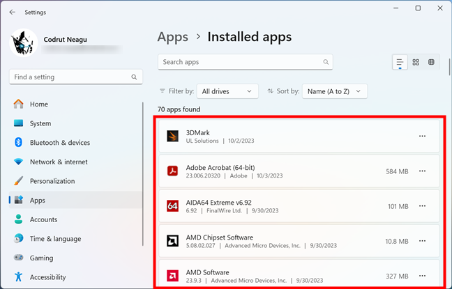 The list of apps installed on a Windows 11 PC