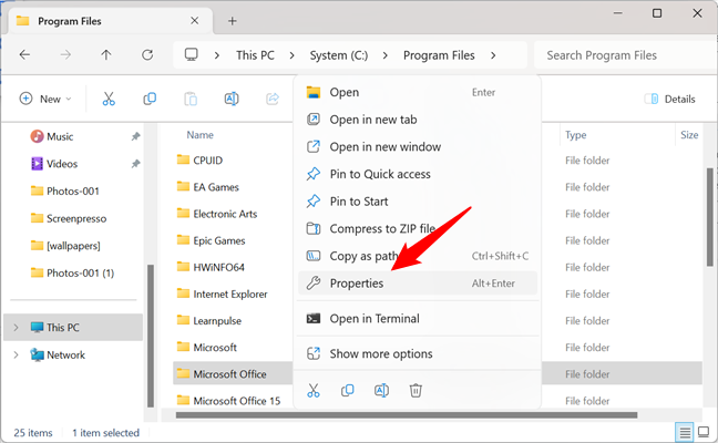 Select Properties in the context menu