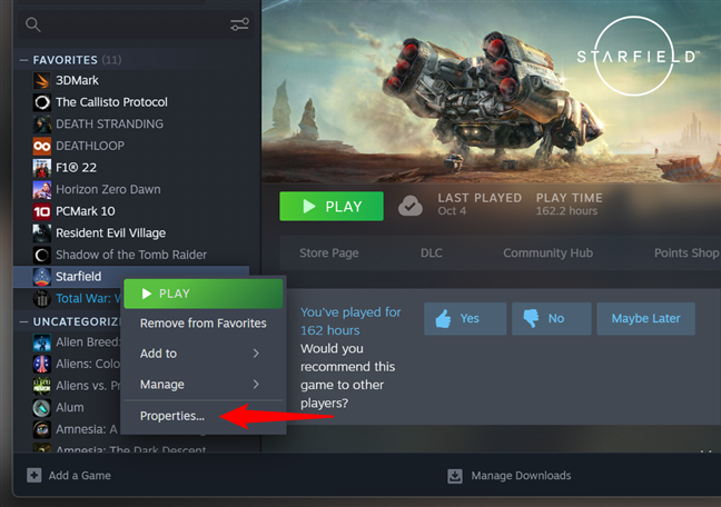 Select Properties in the game's context menu