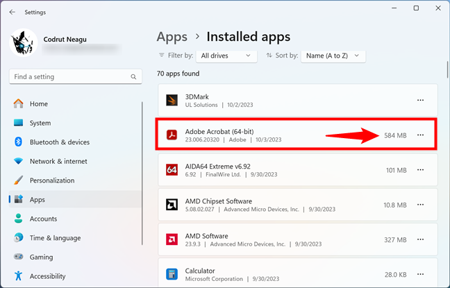 How to check the size of an app in Windows 11's Settings
