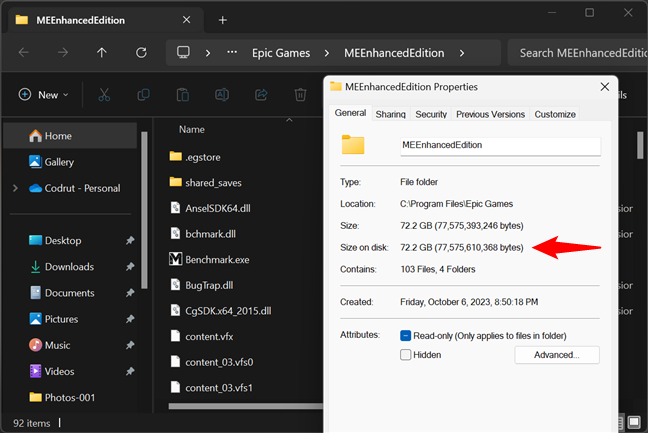 Find the size of a game in File Explorer