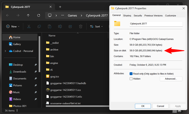 How to see the size of a GOG game in File Explorer