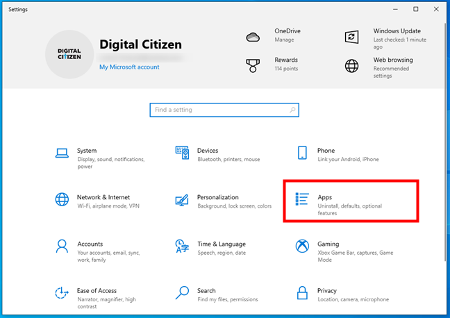 Open Apps in the Windows 10 Settings