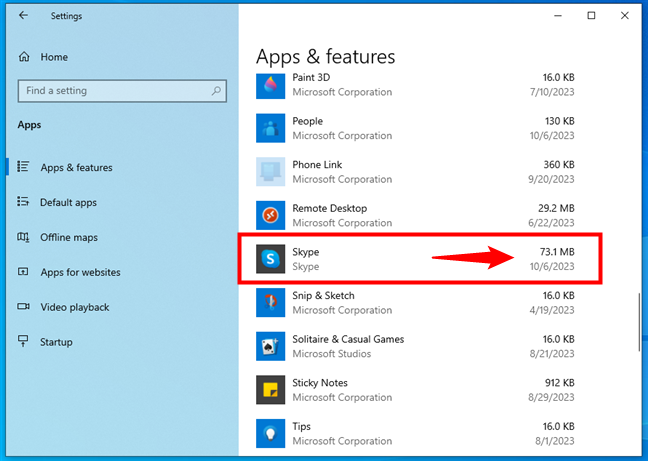 How to see the size of an app in Windows 10
