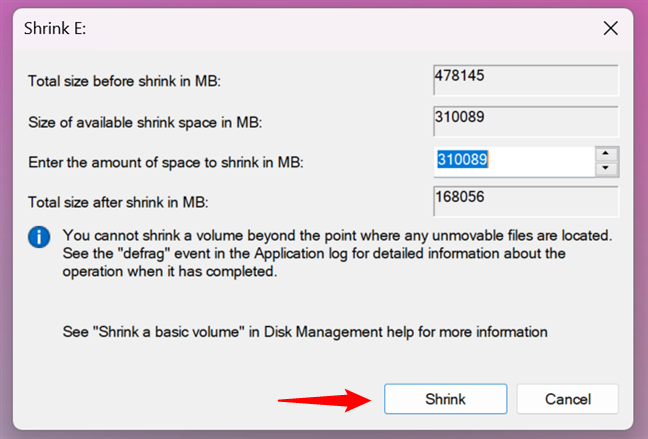 Shrink a partition in Windows