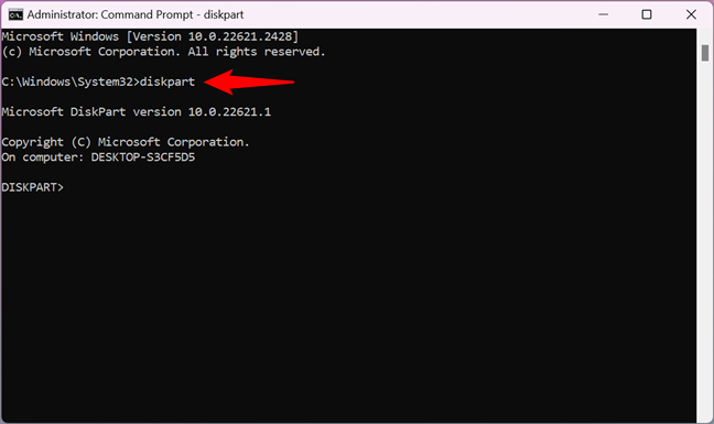 Starting diskpart in Command Prompt