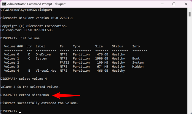 Resize a partition by extending it