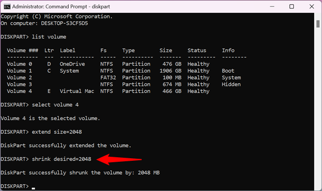 Resize a partition by shrinking it