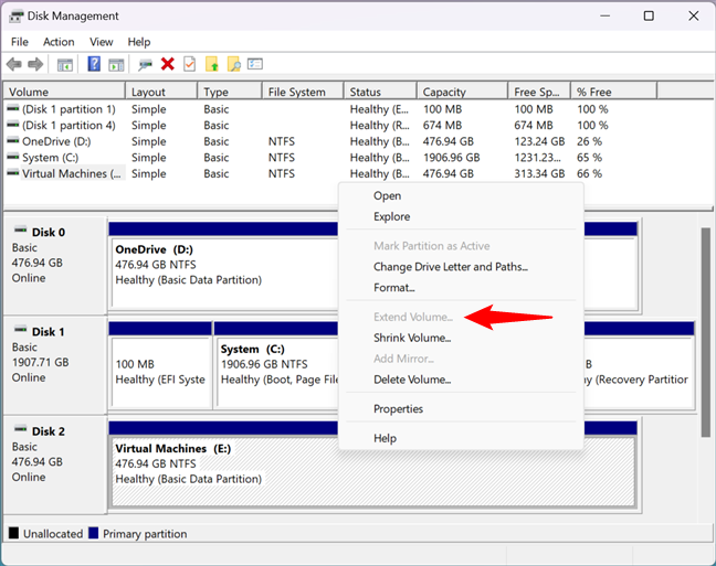 Extend Volume and Shrink Volume are not always available