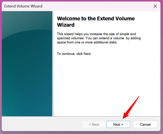 Starting the Extend Volume Wizard