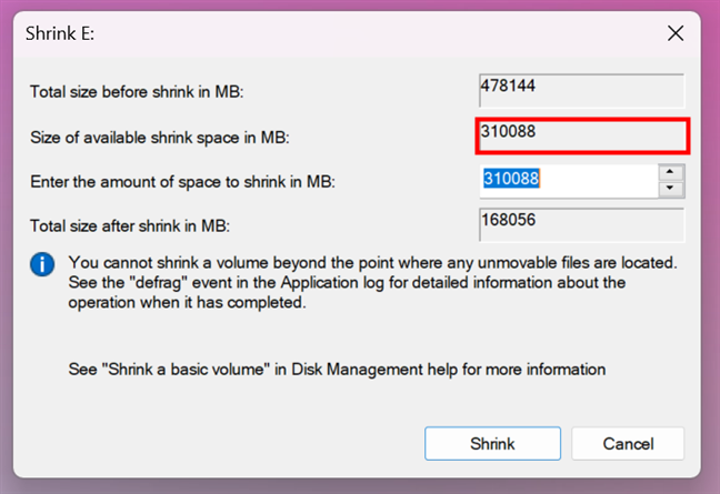 Size of available shrink space in MB