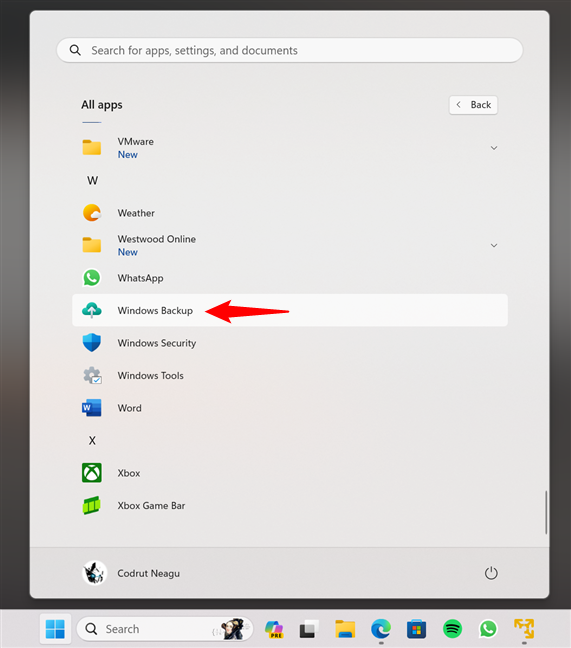 Open Windows Backup in Windows 11 from the Start Menu