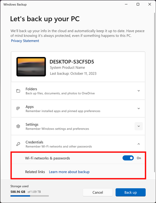 Choosing to back up Wi-Fi networks and passwords with Windows Backup