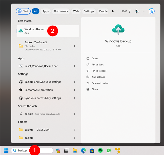 Open Windows Backup in Windows 11 using search