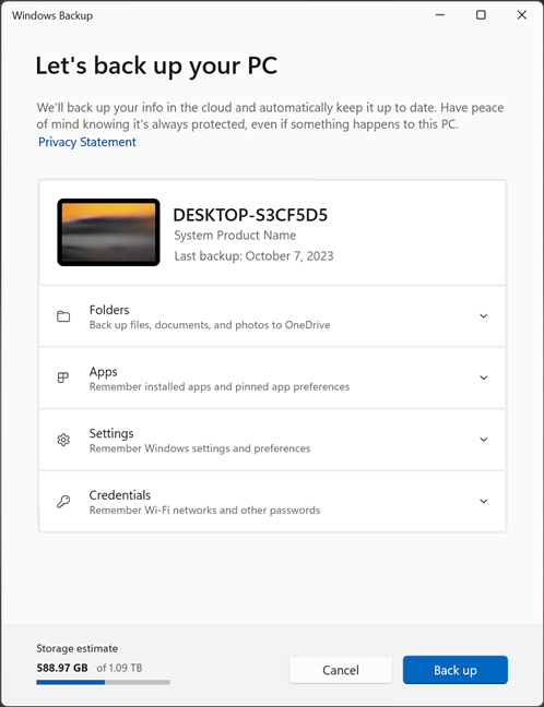 What the Windows Backup app looks like in Windows 11