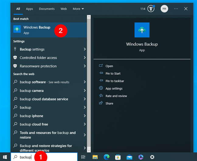 Open Windows Backup in Windows 10 using search