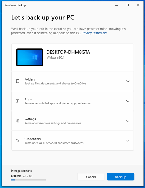 What Windows Backup looks like in Windows 10