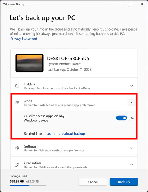 Choosing to back up apps with Windows Backup