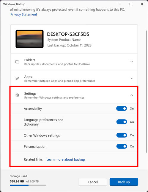 Choosing the settings to back up with Windows Backup